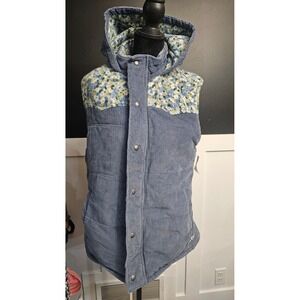Cottagecore Womens Hooey Blue Corduroy Floral Fleece Hooded Puffer Vest Size M